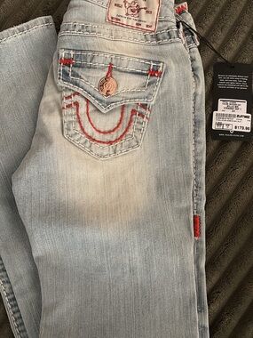 True Religion Women’s Light Wash Straight Leg Jeans with Red Stitching